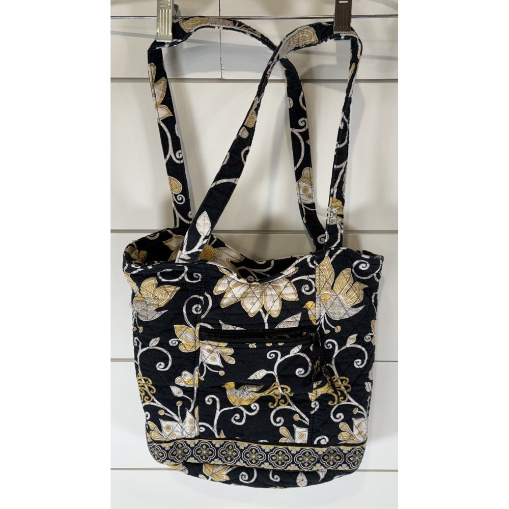 VERA BRADLEY Yellow Bird Black White Gold Floral‎ Tote Handbag Floral Quilted